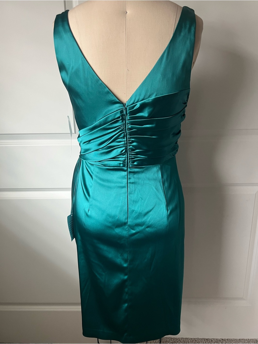 Maggy London Teal Satin Draped Midi Dress - Picture 13 of 15